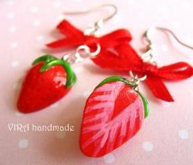 Kawaii cute realistic strawberry with bowknot earrings