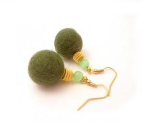 Green Gold Felted Beaded Earrings, Felted Jewelry , Dangle Earrings, Large Felt Beads, Gifts Under 20