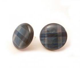 Blue Plaid Button Earrings , Synthetic button jewelry, Blue shades earrings, under 10