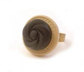 Beige Black Button Ring, Statement Flower Ring, Rustic Gold Beige Black Adjustable Ring, Under 20