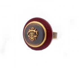 Burgundy Bronze Button Ring, Statement Crest Ring, Rustic Gold Oxblood Adjustable Ring, Vintage Style Ring