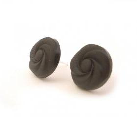 Black Flower Button Earrings, Synthetic button jewelry, under 20, Post earrings, swirl pattern