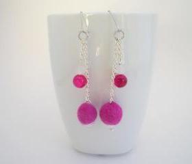Pink Drop Felted Earrings, Fucshia Dangle Earrings, Metal Chain Earrings, Agate and Jade Beads