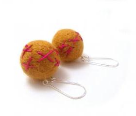 Yellow Felted Earrings, Embroidered Mustard Yellow Felted Wool Beaded Dangle Earrings, Large Felt Beads