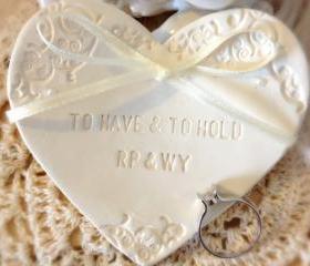 CUSTOM- Classic Heartshape Wedding Ring Bearer Bowl with Pearls, Custom Ring Holder Dish handmade with Pearl Embellishments