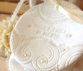 CUSTOM - Personalized Round Wedding Ring Bearer Bowl with Lace & Pearl Embellishments Bridal Ring Holder Dish handmade