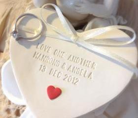 CUSTOM - Heart of Love Wedding Ring Bearer Bowl with red heart, Custom Ring Holder Dish handmade with Red Heart