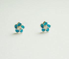 SALE - Small Blue Flower Stud Earrings - 925 Sterling Silver Earrings - gift under 15