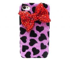 Bling Velvet iphone 4 Case, Red Bow iphone 4G Case,Crystal iphone 4S Case, Purple iphone 4 Case Cover, Black Heart Bow iphone 4 Case A1