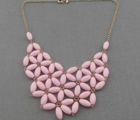pink fan bubble necklace,bib statement necklace,holiday party,beaded jewelry necklace,statement necklace-JCrew Inspired