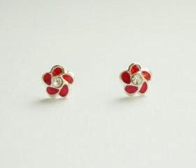 SALE - Small Red Flower Stud Earrings - 925 Sterling Silver Earrings - gift under 15