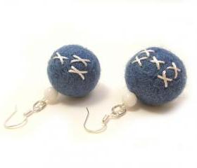 Blue White Felted Earrings, Embroidered Blue Wool Beaded Dangle Earrings, Nautical Fashion,Large Felt Beads