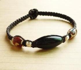 Mix of Brown Tibetan DZI Beads,Black Marquise Beads and Silver Ball Bead and Black Stone with Black Wax Cord Bracelet - Gift under 15 - Men Jewelry
