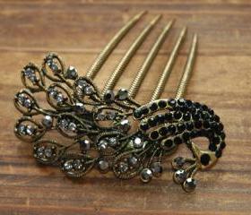Gold Plated Black Rhinestone Peacock Hair Comb