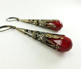 Vampire Earrings Blood Red Dangle Earrings Victorian Jewelry Antiqued Brass Filigree