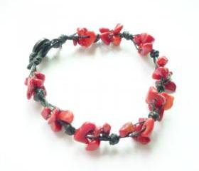 The Cluster - Red Coral Stone Chip Beads Wax Cord Bracelet - Gift under 15