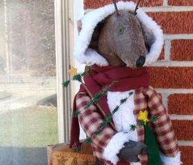 Primitive Old Fashioned Reindeer Santa - Fleece Trimmed Homespun Coat - Appliqued Christmas Tree and Bear