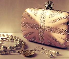 Nude leather pink skull clutch handmade with crystal like sparkles in Union Jack box clutch 