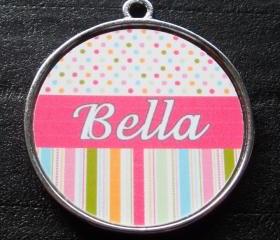 Pink Candy Polka Dot Stripes Pet ID Tag w/ Pet's Name