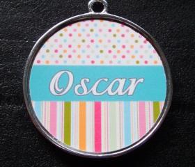 Blue Candy Polka Dot Stripes Pet ID Tag w/ Pet's Name
