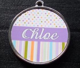 Purple Candy Polka Dot Stripes Pet ID Tag w/ Pet's Name