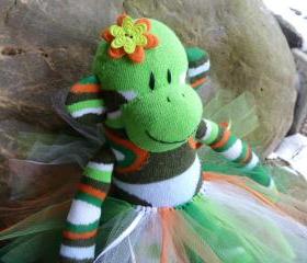 sock monkey doll, sock monkey, sockmonkey, sock monkeys, handmade sock monkey, unique sock monkey, green sock monkey, babysafe sock monkey