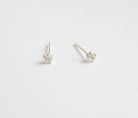 SALE - 3 mm - Tiny Round Clear CZ Ear Stud Earrings - 925 Sterling Silver Earrings - Gift under 10