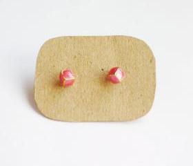 SALE - Lil Pink Red Cubic Cube Ear Stud Earrings - Gift under 10