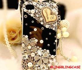 iphone 4 case , Bling iphone 4 case crystal flower case, Vinage iphone 4S case, Pearl iphone 4 case Charm I Love You 