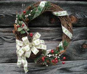 Traditional Christmas Wreath - 18in Grapevine Wreath - Artificial Greenery, Berries, Cinnamon Sticks, Wired Bow