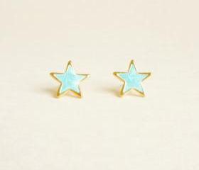 SALE - Large Blue Star Stud Earrings - 14 mm - Gift under 10