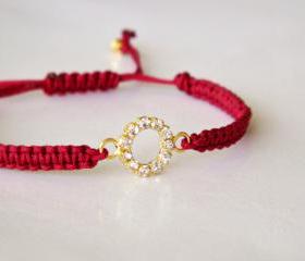 Rhinestone Circle - Macrame Friendship Bracelet - Wine Red and Gold