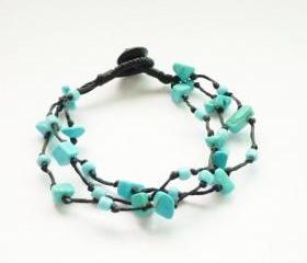Triple Strands of Turquoise Blue Chip Beads and blue seed beads with Wax Cord Bracelet - Gift under 10