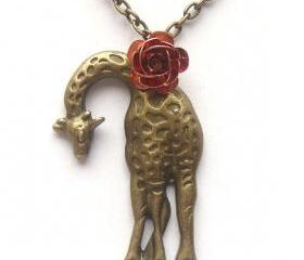 Antiqued Brass Giraffe Rose Necklace