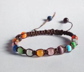 Cats Eye in Wax Thread Square Knot Bracelet - Rainbow Inspired - Gift under 15 - Adjustable Closer