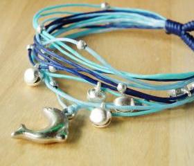 Dolphin in Blue Tone String Bangle - waxed cord bracelet