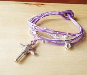 Cross in Violet Tone String Bangle - waxed cord bracelet