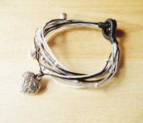 Silver Plate Filigree Heart in Ivory white Tone - Multi String Bangle - waxed cord bracelet