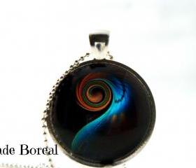 Digital Peacock feather glass pendant necklace