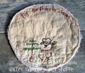 Snowman Candle Mat, Freezin Season, Hand Stitched, Winter