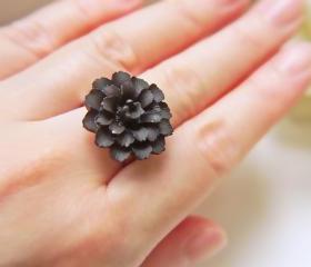 Black Dahlia Ring. Silver Adjustable Ring. Elegant. Matte Black Gothic