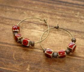 Maroon Ceramic Cube Bronze Beads Hoop Earrings