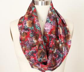Infinity Scarf Boho Bohemian in Red Floral Silky Fabric