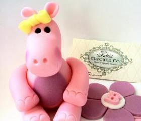 Fondant Hippo Cake Topper along with Birthday Name on Flower Petals , this is Perfect for that animal Lover or any Pink Girly Party