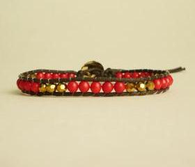 Red and Gold Single Wrap Bracelet - Gift under 15