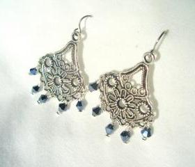Ladies Chandelier Earrings Swarovski Surgical Steel Hypoallergenic Long Dangle Silver Tibet Black