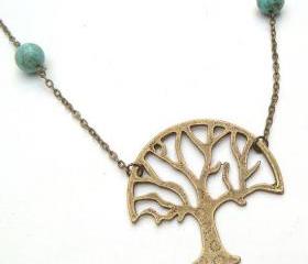 Antiqued Brass Tree Green Turquoise Necklace