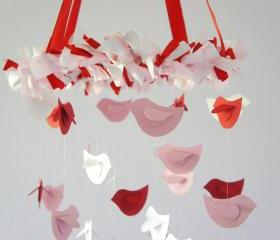 Pink Red White Nursery Mobile- Bird Mobile, Nursery Decor, Baby Shower Gift