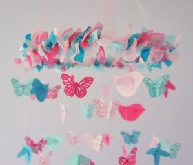 Pink Aqua Turquoise Butterflies & Birds Nursery Mobile