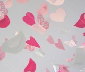Birds Hearts & Butterflies Mobile- Sweet Baby Girl Pink Nursery Decor Mobile